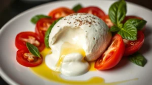 Close-up of a perfectly plated burrata cheese ball with creamy center flowing onto white plate, surrounded by ripe heirloom tomato slices, fresh basil leaves, and glistening extra virgin olive oil drizzle, professional restaurant-style presentation
