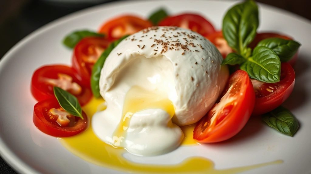 Close-up of a perfectly plated burrata cheese ball with creamy center flowing onto white plate, surrounded by ripe heirloom tomato slices, fresh basil leaves, and glistening extra virgin olive oil drizzle, professional restaurant-style presentation