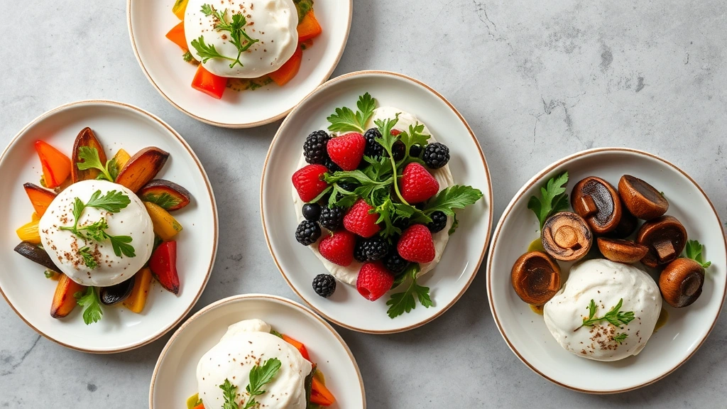 Overhead shot of multiple burrata appetizer plates with varying presentations: one with charred vegetables, one with fresh berries and arugula, one with roasted mushrooms, all showing the creamy interior, natural lighting, food styling