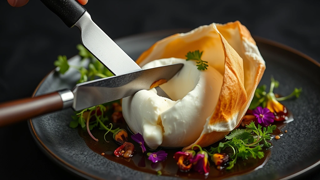 Artistic food photography of a single burrata cheese with knife cutting through outer shell revealing rich creamy center, surrounded by gourmet accompaniments like microgreens and edible flowers, dramatic plating against dark background