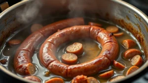 Close-up of Italian sausage browning in olive oil in a large Dutch oven, golden-brown meat with steam rising, professional food photography lighting