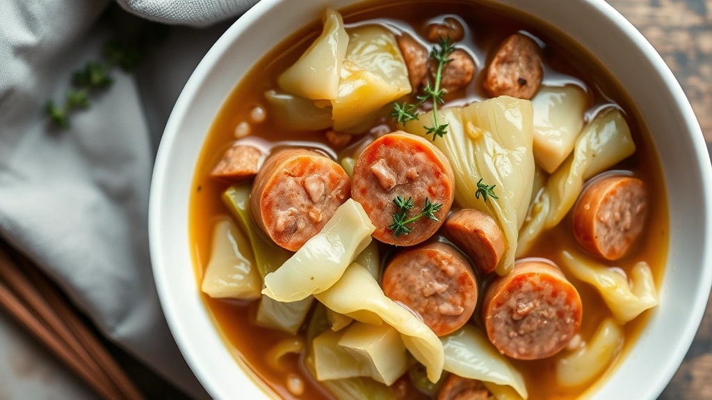 Overhead shot of finished cabbage sausage dish in a white bowl, showing tender green cabbage, sausage pieces, and rich broth, garnished with fresh thyme