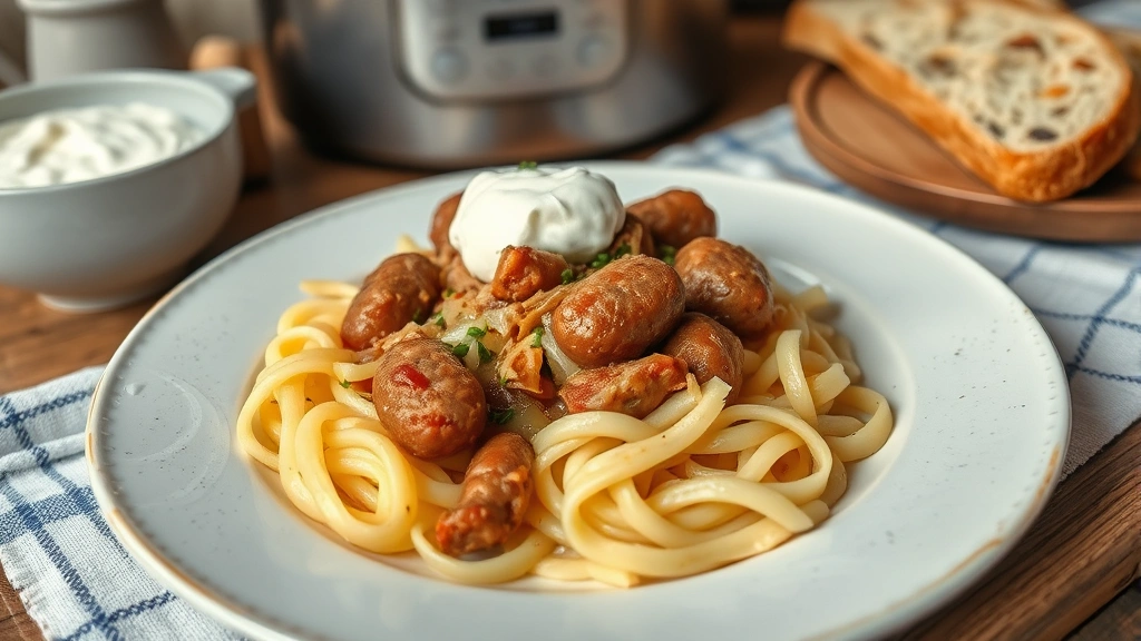 Rustic plated serving of cabbage sausage over egg noodles with sour cream dollop, crusty bread on the side, warm kitchen lighting, family-style presentation