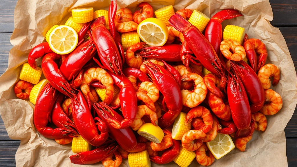 Overhead shot of vibrant red boiled crawfish and shrimp piled on butcher paper with corn and potatoes, fresh lemon slices scattered around, steam rising
