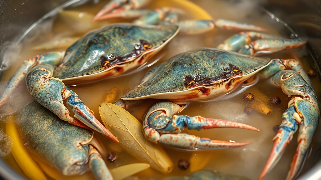 Close-up of live blue crabs in stainless steel pot with boiling broth, whole bay leaves and peppercorns visible in amber liquid, dynamic steam clouds