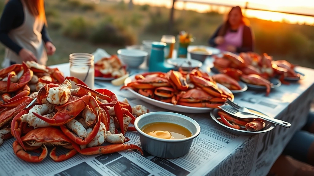 Festive outdoor table spread with newspaper-lined surface, piles of cooked seafood, melted butter in small bowl, crab crackers and bibs nearby, warm evening light