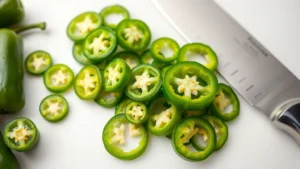 Fresh jalapeno peppers sliced into rings, vibrant green color, sharp focus, on white cutting board with chef's knife