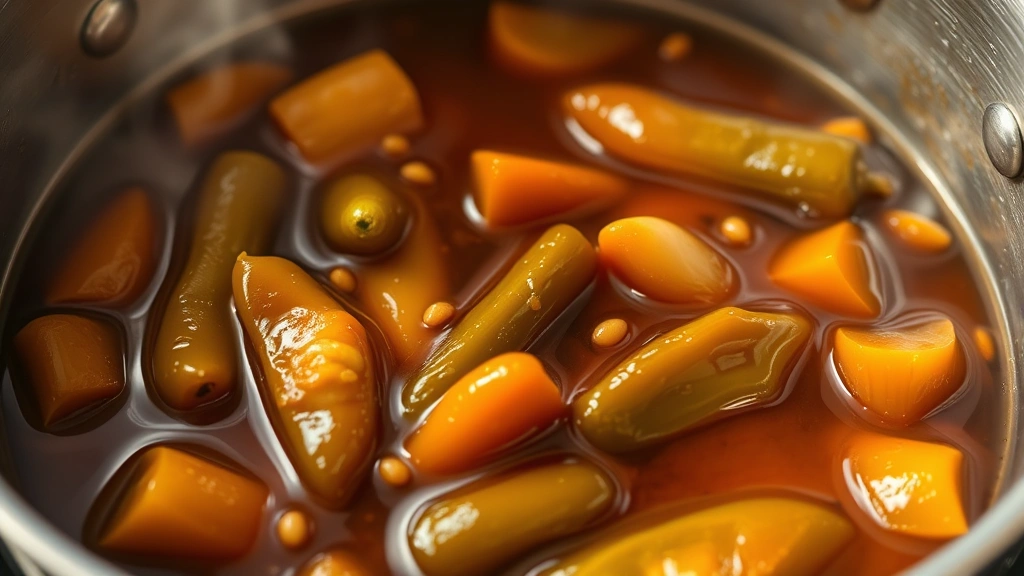 Simmering pot of candied jalapenos in glossy brown syrup with visible garlic cloves and mustard seeds, steam rising, warm lighting