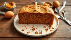 Golden-brown homemade dog birthday cake with pumpkin puree and peanut butter ingredients visible on rustic wooden table, fresh eggs and measuring spoons nearby, warm natural lighting, no text or labels