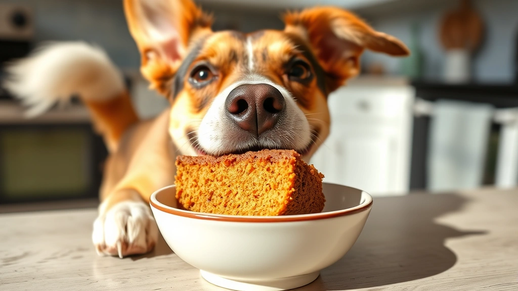 Close-up of dog happily eating slice of homemade pumpkin peanut butter cake from ceramic bowl on kitchen counter, tail wagging, joyful expression, bright daylight, no packaging or text visible