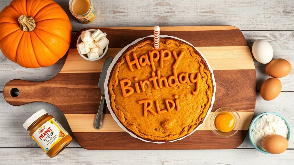 Overhead flat lay of dog birthday cake celebration setup with whole cake on wooden board, fresh ingredients including pumpkin, peanut butter jar, whole wheat flour, eggs scattered artfully, no text or measurements visible on containers