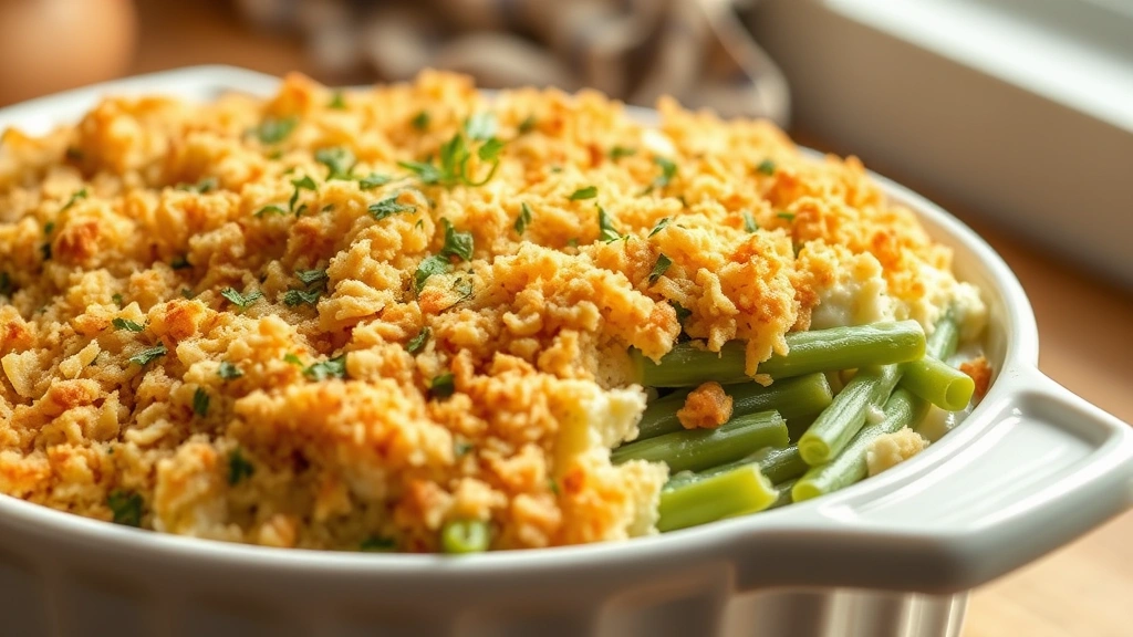 Creamy green bean casserole with golden breadcrumb topping in white ceramic dish, steam rising, fresh herbs scattered on surface, warm kitchen lighting
