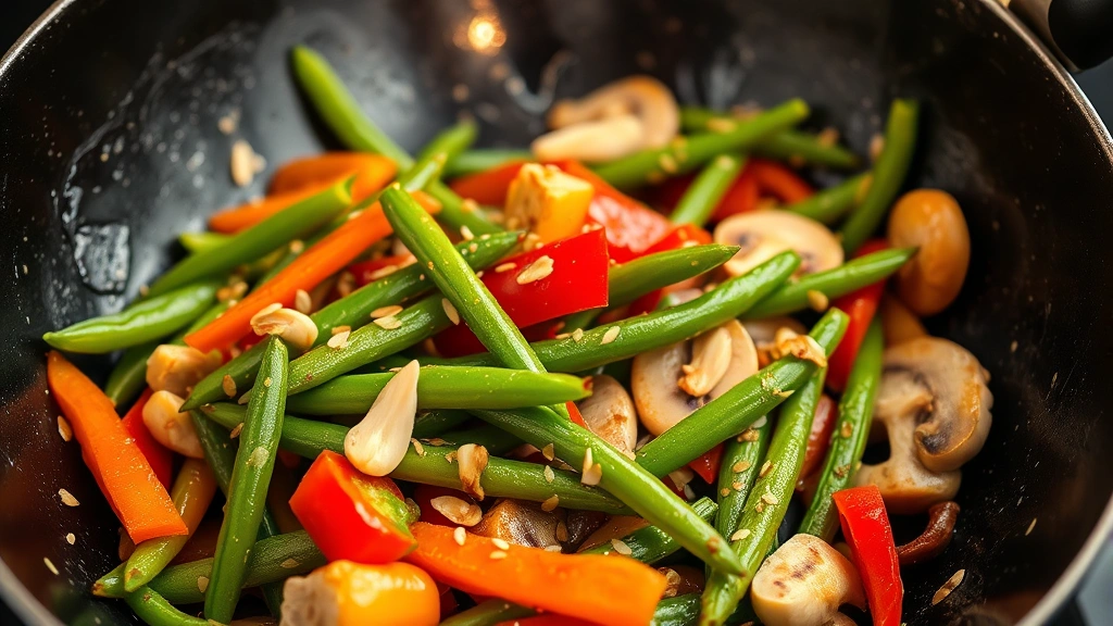 Vibrant Asian stir-fry with canned green beans, sesame seeds, and garlic in wok, steam visible, colorful bell peppers and mushrooms, professional food photography