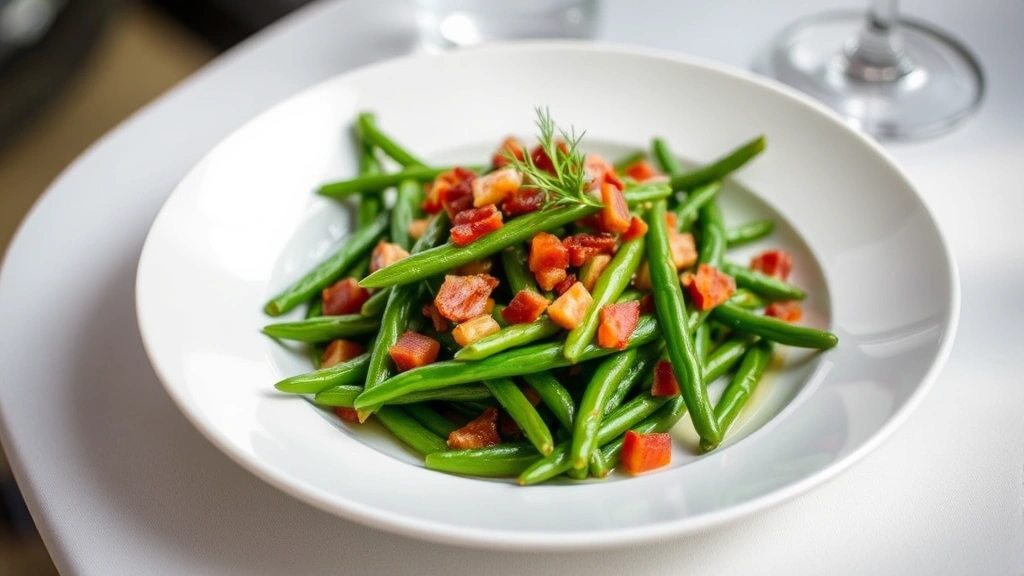 Plated side dish of buttered green beans with crispy bacon bits and fresh dill garnish, elegant white plate, soft natural lighting, restaurant presentation style