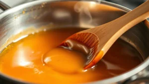 Close-up of light amber caramel in a heavy-bottomed stainless steel saucepan with wooden spoon, steam rising, golden honey-colored liquid, warm kitchen lighting, shallow depth of field