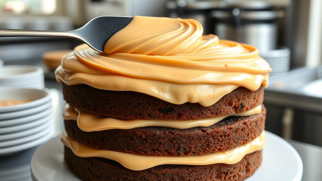 Creamy caramel frosting being spread onto layers of rich chocolate cake with an offset spatula, smooth swirls of frosting visible, professional bakery setting, natural window light