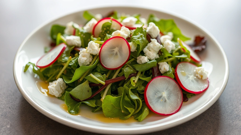 Elegant plated salad with mixed delicate greens drizzled with champagne vinaigrette, microgreens, thinly sliced radish, soft goat cheese crumbles, glistening dressing coating greens evenly