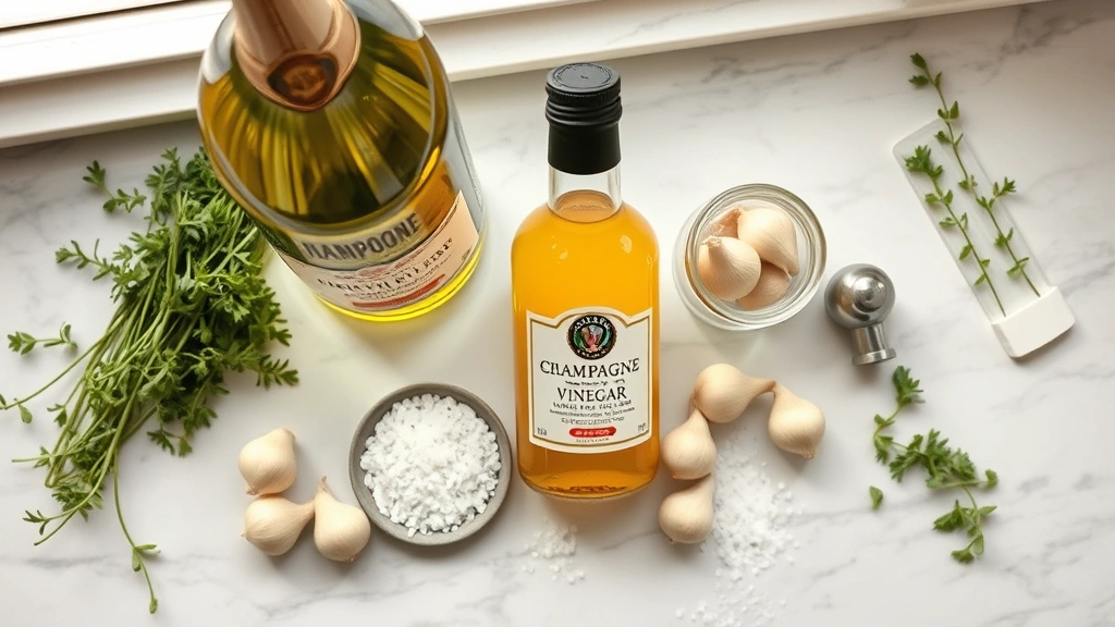 Overhead shot of champagne vinegar bottle, extra virgin olive oil bottle, Dijon mustard jar, fresh shallots, sea salt, and white pepper arranged on marble countertop with fresh tarragon sprigs, natural window lighting