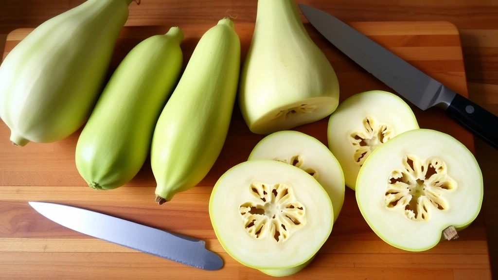 Fresh pale green chayote squashes arranged on wooden cutting board with sharp chef's knife and prepared half-moon slices showing pale interior and flat pit, natural kitchen lighting