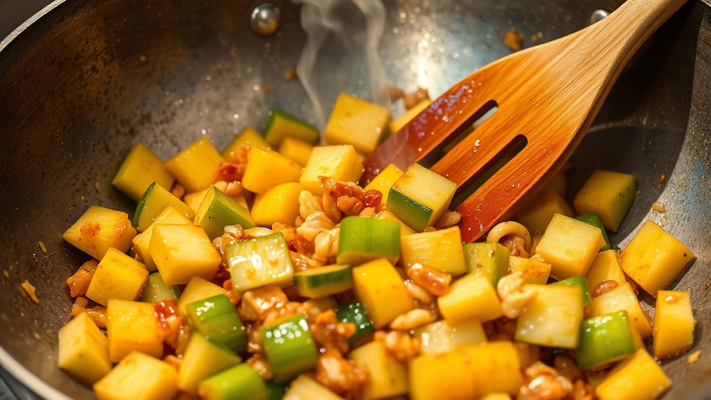 Vibrant stir-fry in progress in carbon steel wok with shimmering chayote pieces, minced garlic and ginger visible, steam rising, wooden wok spatula mid-stir, restaurant-quality action shot