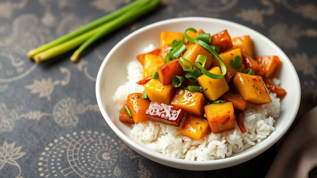 Finished chayote squash stir-fry plated over jasmine rice in shallow white bowl, garnished with scallion greens and sesame seeds, glossy sauce coating vegetables, professional food photography lighting