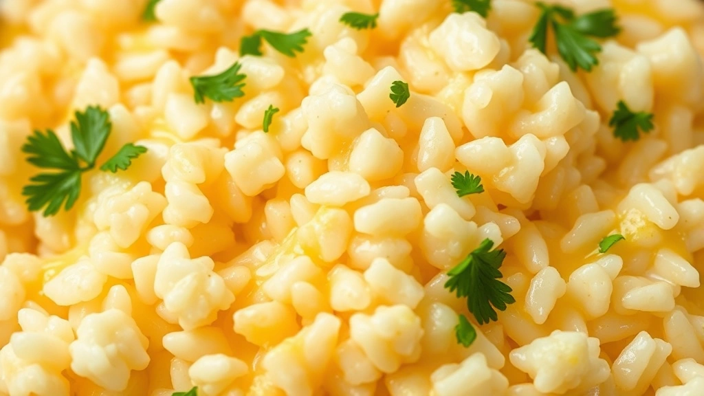Close-up of fluffy white rice grains glistening with melted sharp cheddar cheese sauce, garnished with fresh green parsley, creamy and inviting texture