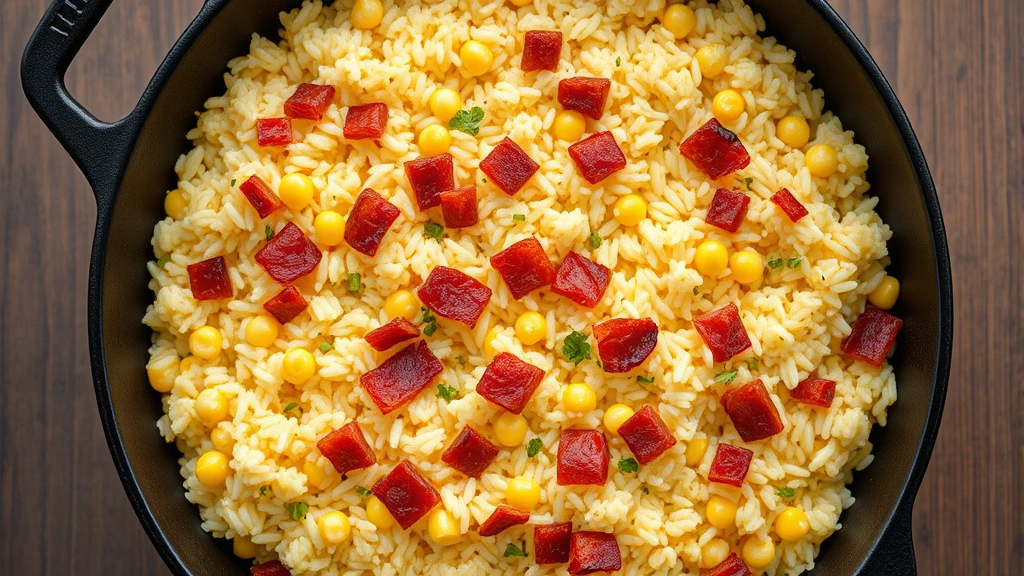Overhead shot of a cast-iron skillet containing cheesy rice with visible crispy bacon bits, corn kernels, and fresh herbs scattered throughout, steam rising gently