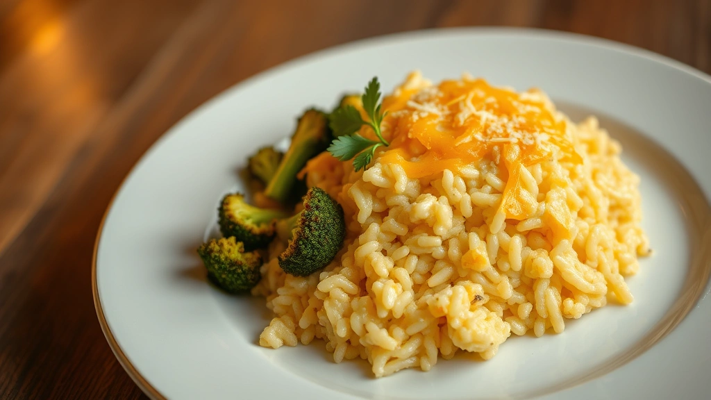 Plated serving of creamy cheesy rice with roasted broccoli florets on the side, golden cheese coating visible, fresh parsley garnish, warm lighting highlighting the dish's richness