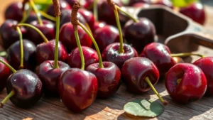Close-up of fresh ripe dark red Montmorency cherries with stems, glistening with morning dew, scattered on a wooden surface next to a vintage cherry pitter tool, natural sunlight