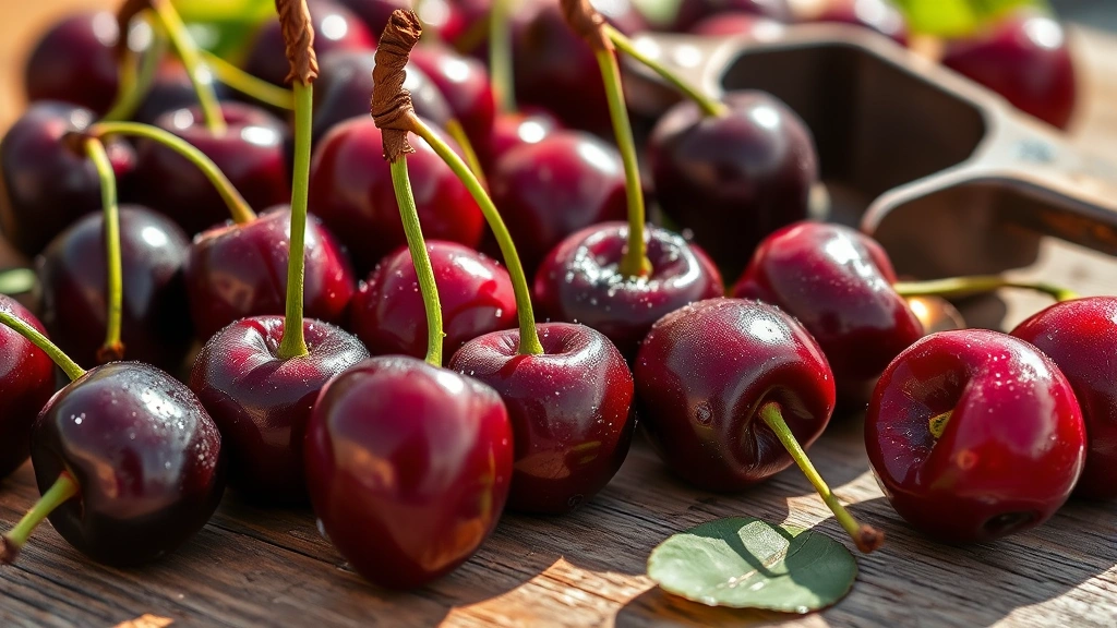 Close-up of fresh ripe dark red Montmorency cherries with stems, glistening with morning dew, scattered on a wooden surface next to a vintage cherry pitter tool, natural sunlight