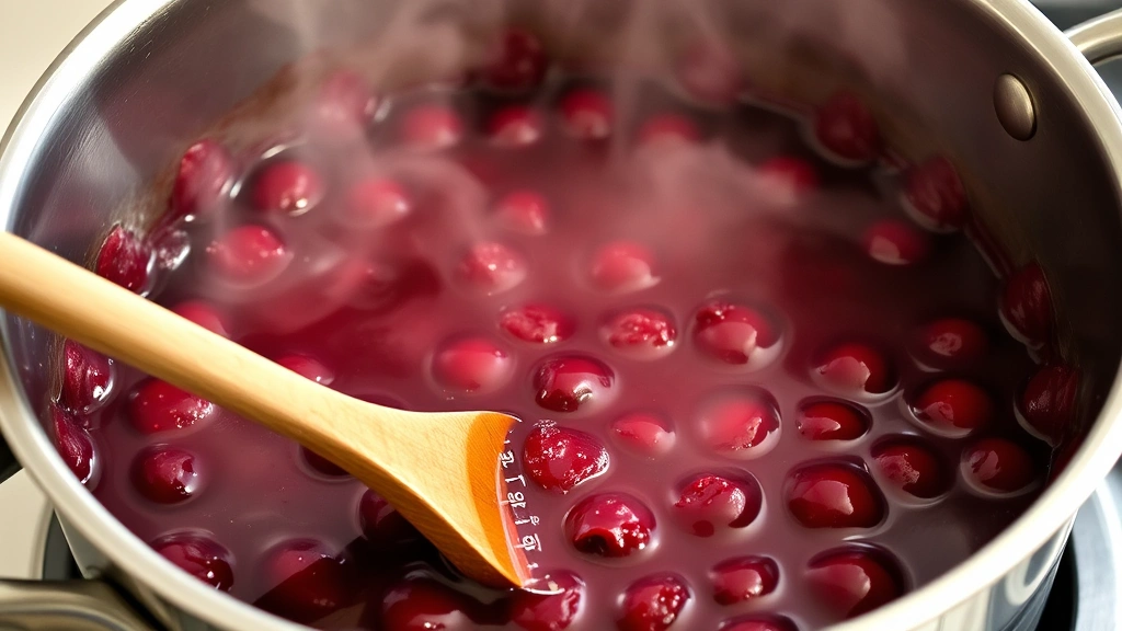 Bubbling cherry jam in a large stainless steel pot with a candy thermometer inserted, showing deep crimson color, steam rising, wooden spoon resting on the rim, mid-cooking stage