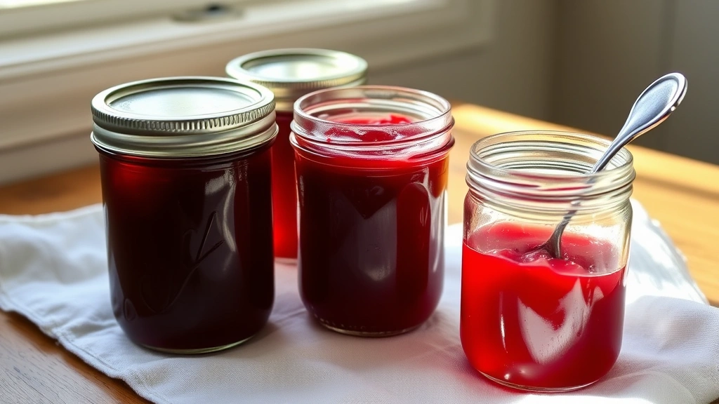 Finished ruby-red cherry jam in clear glass jars with metal lids, three jars arranged on a white linen cloth, one jar opened showing glossy jam with a silver spoon inside, afternoon light through window