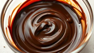 Rich dark melted chocolate swirling with melted butter in a glass bowl, glossy and smooth texture, warm lighting