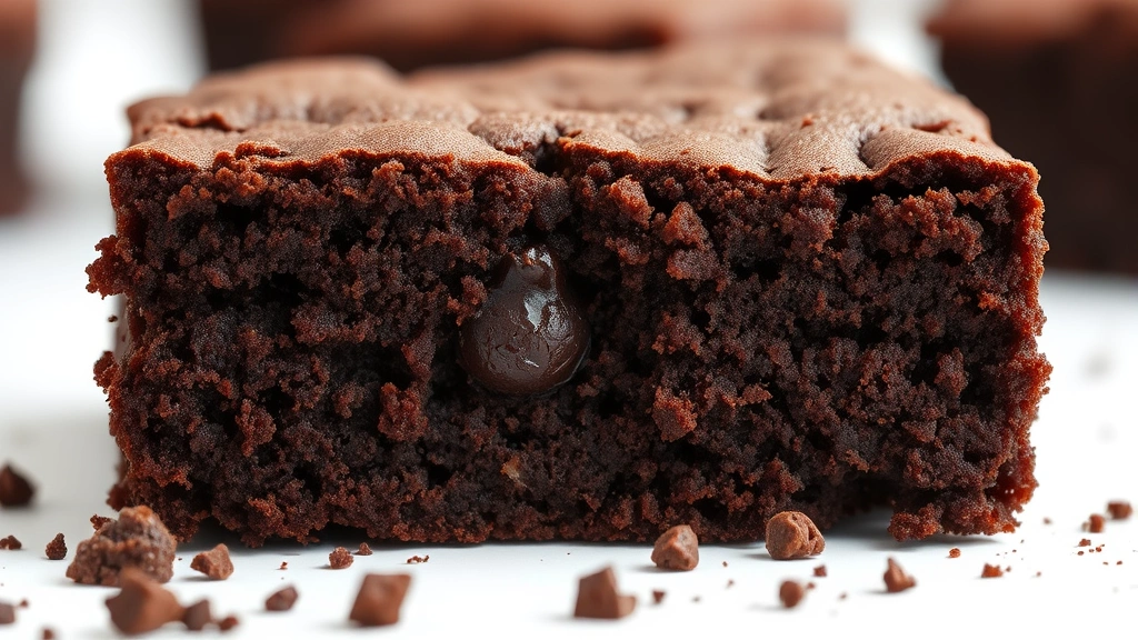 Close-up cross-section of a perfectly chewy brownie, showing dense fudgy interior with slight crumb structure, chocolate crumbs scattered on white surface