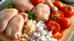 Close-up of raw chicken thighs and drumsticks with fresh minced garlic, diced onions, and whole tomatoes arranged on a wooden cutting board, natural kitchen lighting