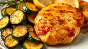 Golden-brown chicken breast next to tender sautéed zucchini slices with caramelized edges, fresh lemon wedges, and minced garlic visible, warm lighting, professional food photography