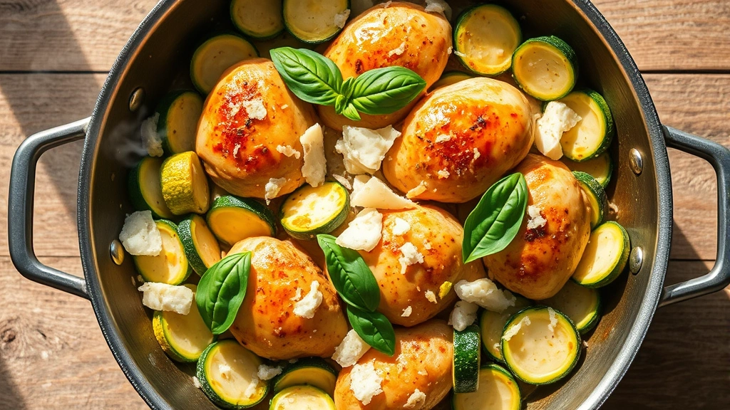Overhead shot of finished chicken and zucchini dish in a large skillet, garnished with fresh basil leaves and Parmesan shavings, steam rising, natural daylight
