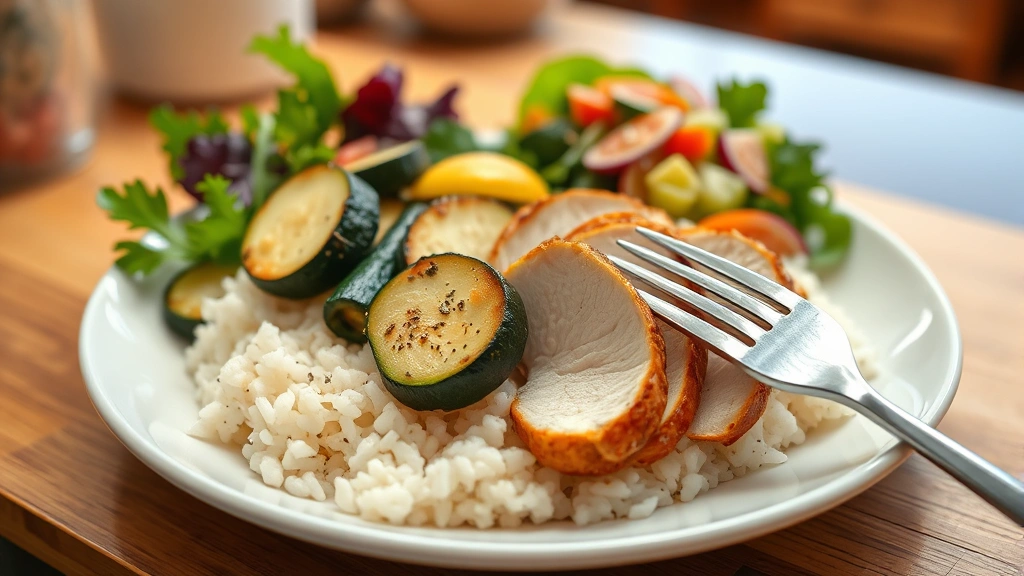 Family-style plated dinner showing sliced chicken breast alongside zucchini, served over fluffy white rice with a side salad, fork ready to eat, warm home kitchen setting