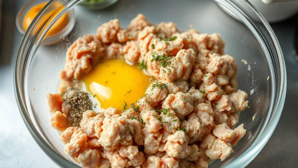 Raw ground chicken mixed with eggs and seasonings in a clear glass bowl, showing homogeneous texture with visible herb specks, professional kitchen lighting