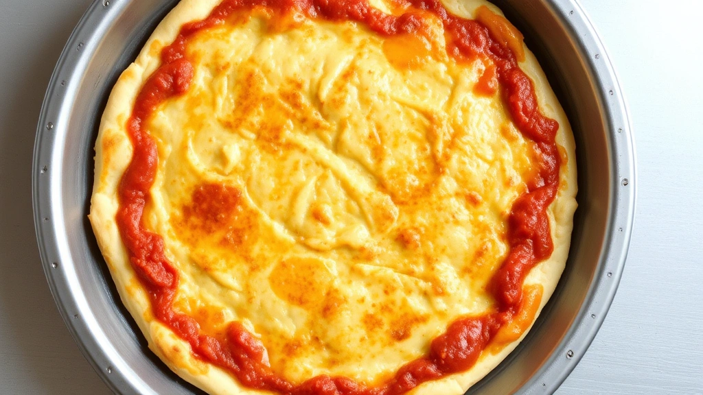 Golden-brown pre-baked chicken crust pizza in a metal pan, showing slightly crispy edges and firm surface, ready for sauce and toppings application