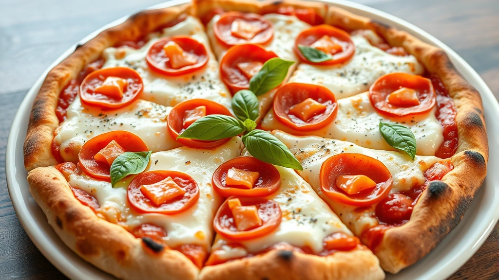 Finished chicken crust pizza with melted mozzarella cheese, pepperoni slices, and fresh basil garnish, steam rising, cut into slices on white ceramic plate