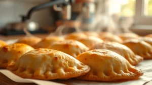 Close-up of golden-brown baked chicken empanadas on parchment paper, steam rising, crispy pastry edges visible, warm lighting from kitchen window