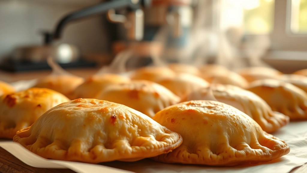 Close-up of golden-brown baked chicken empanadas on parchment paper, steam rising, crispy pastry edges visible, warm lighting from kitchen window