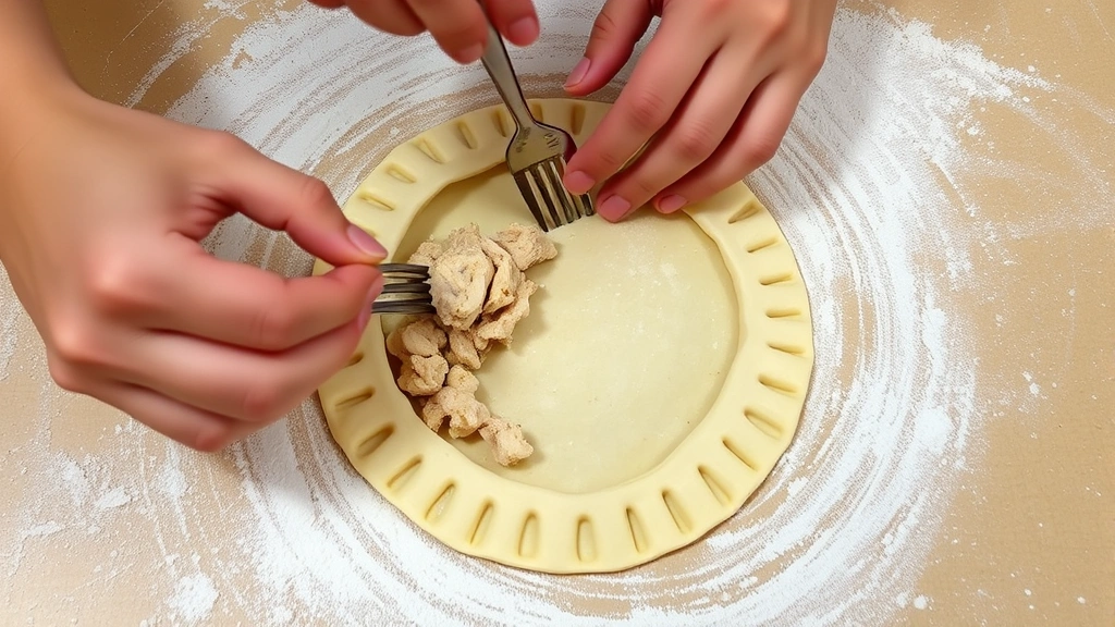 Hands folding and crimping empanada dough with fork, raw dough circle with chicken filling inside, flour-dusted work surface, natural daylight