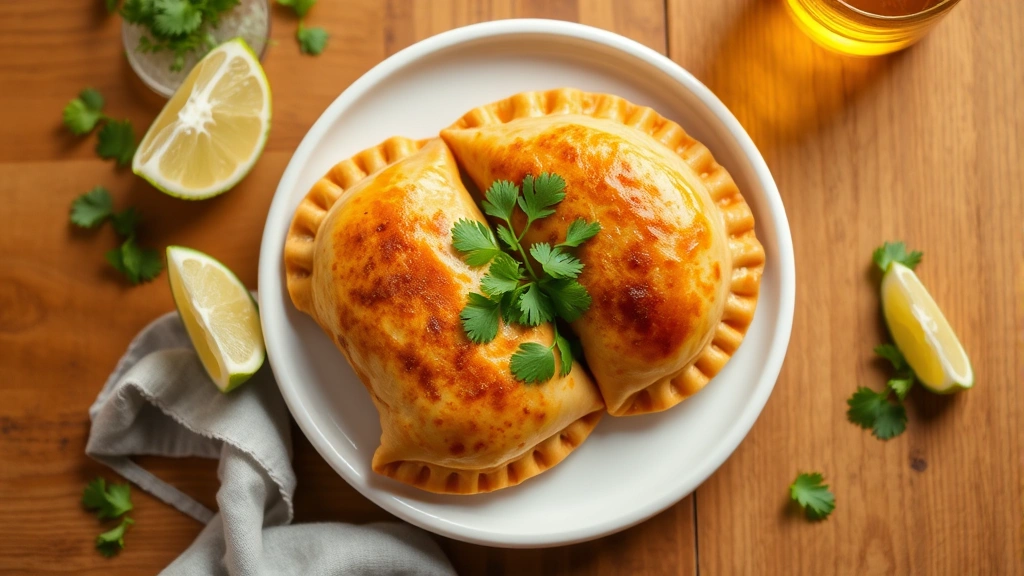 Overhead shot of finished empanadas on white ceramic plate, fresh cilantro garnish, lime wedges, wooden table background, warm golden color