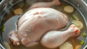 Whole raw chicken submerged in gently simmering aromatic broth with ginger slices and scallions visible, steam rising from the pot