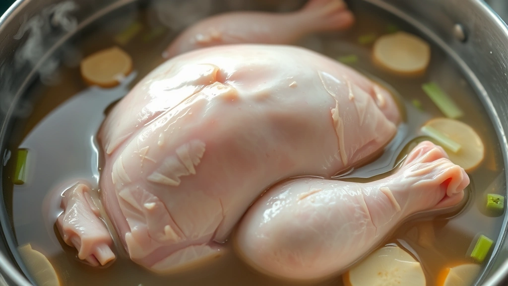 Whole raw chicken submerged in gently simmering aromatic broth with ginger slices and scallions visible, steam rising from the pot