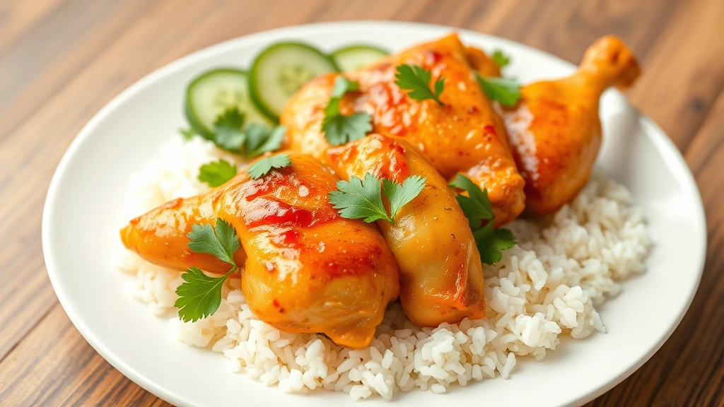 Golden-skinned poached chicken pieces arranged over fluffy jasmine rice garnished with fresh cilantro and cucumber slices on white plate