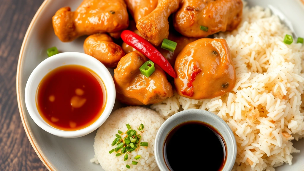 Three small bowls containing ginger-scallion sauce, red chili sambal, and dark soy sauce arranged beside plate of chicken and rice