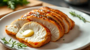 Golden-brown sliced chicken breast arranged on a white plate, glistening with butter and herbs, fresh kitchen lighting